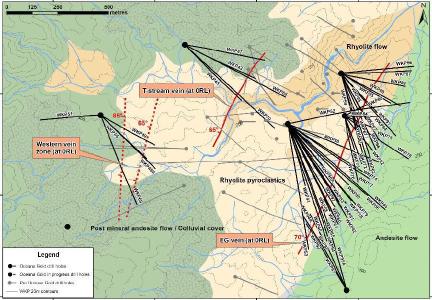 Figure 1: Plan View of Geology, Drill Traces and Distribution of 3 Main Veins at WKP