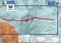 Abbildung 1. Draufsicht auf das Zielgebiet Alturas West mit der kartierten Scherzone Alps-Alturas, den in die Ebene projizierten Grundrissen der Maxwell-Platten, den aktuellen Standorten der Bohrplattformen und dem über 900 Meter langen Korridor, über den sich die modellierten Signale verteilen.