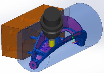 Was die Webinar-Teilnehmer auf der Hermle C 32 U sehen werden: Simulation in SolidCAM. Die 5-Achs-Simultanbearbeitung einer Tasche mit dem Hufschmied-Werkzeug 63CWI. Werkzeug und Bearbeitungsstrategie sind so ausgelegt, dass sehr wenig Wärme entsteht und die Helm-Brücke sich nicht verzieht / Bildquelle: Hufschmied Zerspanungssysteme