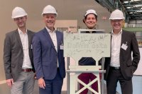 At the official start of fabrication for the DolWin4 conversion platform on 4 July 2024 at the Meyer Werft in Papenburg (from left to right): Sebastian Holtz, Ferdinand Neuwieser, Sandro Schmidt and Stefan Kirchner (all TÜV SÜD).