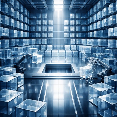 An abstract architectural visualization of Efficiency Large translucent glass cubes representing.png