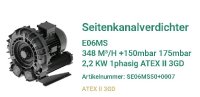 Das Bild zeigt den Seitenkanalverdichter E06MS mit ATEX-Zertifizierung II 3GD. Die kompakte Bauweise und der radial montierte Lüfter weisen auf einen robusten 1-phasigen Antrieb mit 2,2 kW hin. Ideal zur Integration in Verpackungsmaschinen der Lebensmittelindustrie.