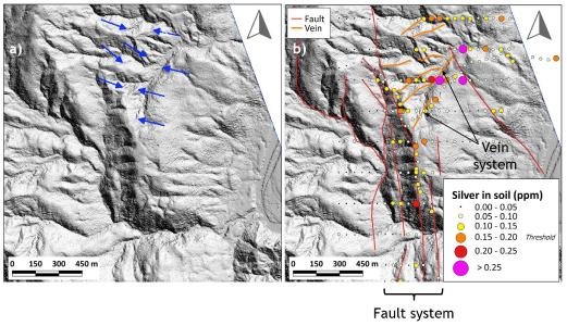 Figure 1. a) LiDAR "Bare Earth" image; b) the same LiDAR image with the interpretation of the fault network and associated possible epithermal gold-silver vein system with silver values in soil samples superimposed
