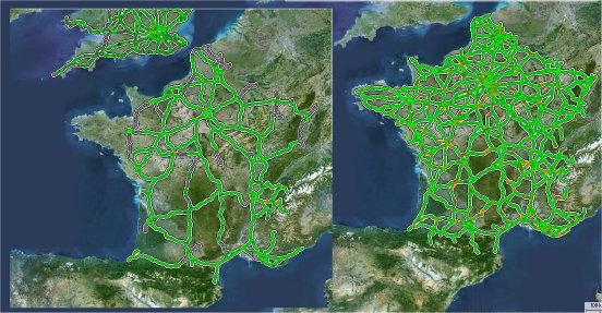 Die Verkehrslage in Frankreich, links nur mit Detektordaten, rechts zusätzlich mit FCD, die.jpg