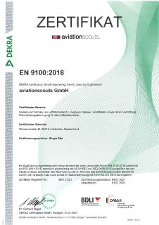 DEKRA bestätigt aviationscouts GmbH die Zertifizierung nach EN 9100:2018 und ISO 9001:2015