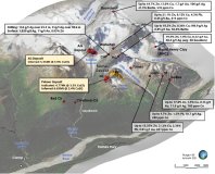 Abbildung 1: Blick auf das Projekt Palmer in südwestlicher Richtung, der die Verteilung der noch wenig erkundeten hochgradigen Explorationsziele zeigt. Siehe nachstehende Referenzen für Datenquellen.