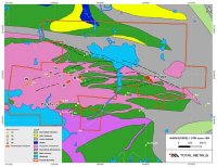 Abbildung 1: Geologie des Konzessionsgebiets High Lake mit Hervorhebung von Zielzonen, interpretierten strukturellen Trends sowie anderen Mineralvorkommen* (* von Ontario Mineral Inventory (OMI), Ontario Geological Survey)