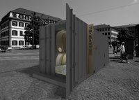 Der Erdcontainer zeigt einen organischen, aber dennoch ruhigen und abstrakten Raum. Von außen erscheint der Container als eigene in sich gekehrte Welt, denn nur einige beleuchtete Öffnungen lassen auf das Innere schließen