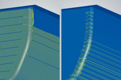 3D-optimiertes Schruppen: neue Zustelloptimierung für eine schnelle Bearbeitung beim Restmaterialschruppen (links: Werkzeugbahnen ohne Zustelloptimierung, rechts: mit Zustelloptimierung). Foto: OPEN MIND