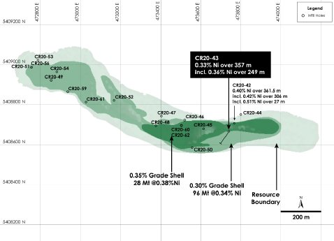 Figure 1 - Plan View of Main Zone Nickel Resource, Crawford Nickel-Cobalt Sulphide Project,.png