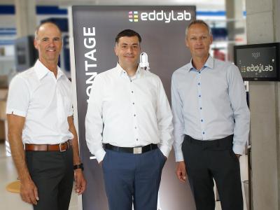 eddylab stellt sich neu auf: Payam Andreas Saghafi (Mitte) und Christian Schrick (rechts) bilden gemeinsam mit eddylab Gründer Michael Reiter (links) die neue Geschäftsfüh-rung der eddylab GmbH.