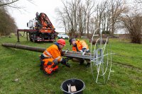 WEMAG-Baubetreuer Jens Karius (re.) und MEB-Anlagenbauer Nico Behrendt montieren die Nisthilfe für die Störche an den ersten Mast. / Foto: WEMAG/Stephan Rudolph-Kramer 