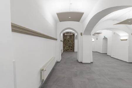 Die konsolenförmigen Capapor Sonderprofile gliedern die geraden Sanierputz- und Akustikwandflächen in der sanierten Mensa im Schloss Hagerhof, Fotos: Willi Fuchs Fotografie
