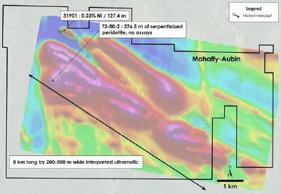 Figure 5 – Plan view of Mahaffy-Aubin Property – Historical drilling overlain on total field magnetic intensity, Mahaffy and Aubin Townships, Ontario