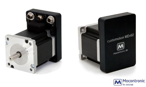 Das MocDrive besitzt einen 60mm Flanschmaß Schrittmotor (NEMA24) mit 2 oder 3Nm Haltemoment, sowie eine Schrittmotorsteuerung inkl. Controller, Treiber und integrierten Encoder. Die Elektronik wird durch ein eloxiertes Aluminiumgehäuse (IP51) mit M8-Anschlüssen geschützt, was zudem die EMV-Prüfung Ihres fertigen Gerätes erleichtert. Das Steuerungsgehäuse baut nur 15mm hinter dem Motor auf. Die Ansteuerung erfolgt über die Schrittstelle RS485.