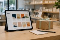 Tablet mit Vorschlagsliste auf einem Ladentisch neben verpacktem Geschenk und Notizblock - Ein Tablet steht aufgeklappt auf einem hellen Ladentisch und zeigt eine schematische Vorschlagsliste ohne lesbare Schrift, daneben liegen ein schlicht verpacktes Geschenk mit Schleife, ein Notizblock und ein Stift. Symbolbild zur digitalen Kaufberatung im Handel. Bild KI-generiert.