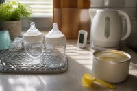 Küchenarbeitsplatte mit Glasfläschchen, Dosierlöffel, geöffneter Milchpulverdose und einem Wasserkocher im Morgenlicht. Eine helle Küchenarbeitsplatte am frühen Morgen: zwei leere Glasfläschchen mit Silikonsaugern stehen auf einem Abtropfgitter, daneben eine geöffnete Dose mit Milchpulver und ein Dosierlöffel, im Hintergrund ein Wasserkocher und ein Thermometer. Symbolbild zu Materialien, die mit Säuglingsnahrung in Berührung kommen. 