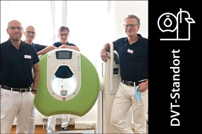 Seit Mai 2020 verfügt die Focus Praxis über die BVOU-Edition des SCS DVTs, das hochauflösende 3-D-Schnittbildaufnahmen – auch unter natürlicher Belastung der Gelenke – anfertigt. Auf dem Bild zu sehen (v. l. n. r.): Dr. med. Frank Burkardsmaier, Dr. med Dirk Steiner, Dr. med Dirk Theurer, Dr. med. Walter Schmidt.