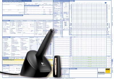 Das digitale Notarztprotokoll "dotforms rescue" besteht aus einem Stift mit integrierter Kamera und einem gerasterten Papier. Handschriftliche Informationen werden damit digitalisiert und stehen zur sofortigen Weiterverwendung bereit. (Quelle ADAC)
