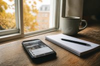 Schreibtisch mit Smartphone und Notizblock, auf dem Display ein unscharfer Feed mit Bildkacheln und Kommentarsymbolen. Ein aufgeräumter Schreibtisch am Fenster, darauf ein Smartphone mit einem unscharf dargestellten Feed aus Bildkacheln und Kommentarsymbolen, daneben ein Notizblock mit Stift und eine Tasse, weiches Herbstlicht von der Seite. Symbolbild zur Glaubwürdigkeit von Beiträgen in sozialen Netzwerken.