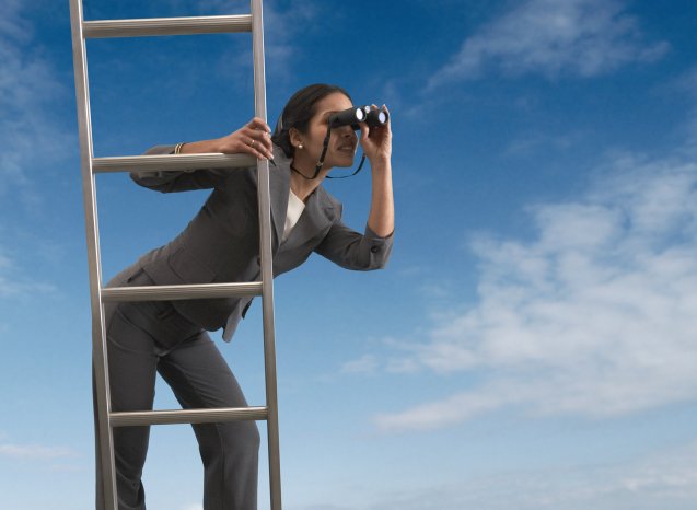 Businesswoman standing on a ladder.JPG