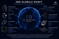 Die Infografik „Der globale Markt – eine Kalibrierungslogik, mehrere Gerätekategorien“ zeigt eine Weltkugel mit der ‚Kalibrierungslogik‘ im Zentrum, umgeben von Gerätekategorien: Smartwatches, Smartphones, Smart Ringe, Fitness-Armbänder, Pulsoximeter, Blutdruckmessgeräte, klinische Monitore und Sensorplattformen. Botschaft: Blutdruckabhängige Verlaufsdaten werden über die Blutdruckschwankung zweiter Ordnung kalibriert; das individuelle Kalibrierungsprofil bildet die gemeinsame Grundlage – Kalibr