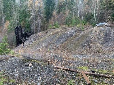 Photograph of the Ymir-Protection mine dump from which sample D0004168 assayed 13.1 grams per tonne gold and 145 grams per tonne silver.