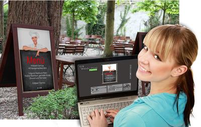 Mit der Template-Funtion können Druckdienstleister branchenspezifische Vorlagen für ihre Kunden bereitstellen. Zum Beispiel eine Menütafel für Restaurants, Cafés oder Bistros. Bild: Template Gastronomie