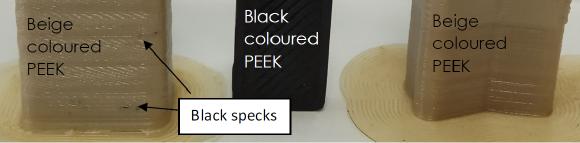 Figure A: Image of PEEK parts indicating black-specks. Black specks Beige coloured PEEK Beige coloured PEEK Black coloured PEEK