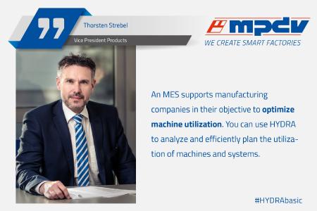 Expert statement of Thorsten Strebel, Vice President Products at MPDV about optimized machine utilization. (Image source: MPDV)