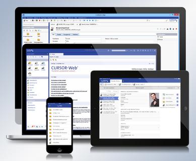 Die neuesten Versionen von CURSOR-CRM, EVI und TINA im einheitlichen Marina-Design setzen in Sachen Attraktivität, Individualität, Mobilität und Produktivität neue Maßstäbe. Grafik: CURSOR | Foto: © SAWImedia S.Willnow - Fotolia