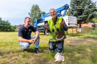 WEMAG-Vogelschutzbeauftragter Jan Koppelmann (li.) und der ehrenamtliche Vogelschützer Helmut Eggers erläutern die Vorgehensweise für die Beringung