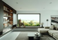 The Schüco Symbiotic hybrid design window, with its minimalist aluminium finish (outside) and high insulation PVC-U (inside) enables individual design options (Schüco Style; woman shown is AI-generated).