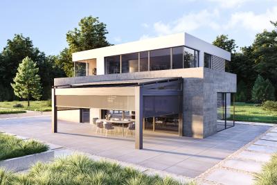 Des éléments de porte coulissante et de protection solaire sont combinables harmonieu-sement avec le système de toit de terrasse heroal OR / © heroal