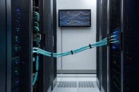 In einem gekühlten Serverraum verlaufen gebündelte Glasfaserleitungen zwischen zwei Serverschränken, an der Wand hängt ein Bildschirm mit einem abstrakten Kursverlauf ohne lesbare Ziffern, die Schrankfronten sind mit kleinen Statusleuchten besetzt. Symbolbild zur Tokenisierung von Wertpapieren und zur Abwicklung digitaler Transaktionen.