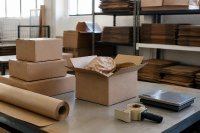 Packtisch im Versandlager mit bedruckten Versandkartons, Klebebandabroller und einer Waage für die Verpackungsmenge. Auf einem Packtisch in einem Versandlager stehen gefaltete und gefüllte Versandkartons, daneben ein Klebebandabroller, eine Rolle Papierpolster und eine Paketwaage, im Hintergrund Regale mit Kartonagen. Symbolbild zu den Übergangsfristen im Verpackungsrecht seit August 2026. / Bild-Copyright: Provimedia GmbH / KI-generiert