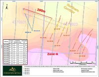 Abbildung 1: Karte der Bohrlochstandorte. N2-26-022 ist das erste Step-out-Bohrloch außerhalb der etablierten westlichen Grenze der Zone A und erweitert das Profil um mindestens 200 m in Richtung Westen