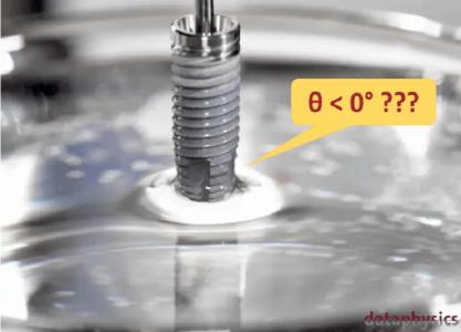 Abb. 1. Die Oberfläche von Zahnimplantaten ist sehr hydrophil. Daher breitet sich Wasser auf ihr aus, was konventionell bedeutet, dass der Kontaktwinkel 0° beträgt. Imaginäre Kontaktwinkel erlauben jedoch eine weitere Unterscheidung