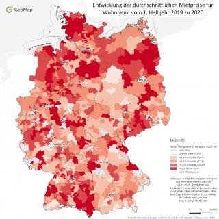 Entwicklung der durchschnittlichen Mietpreise für Wohnraum vom 1. Halbjahr 2019 zu 2020