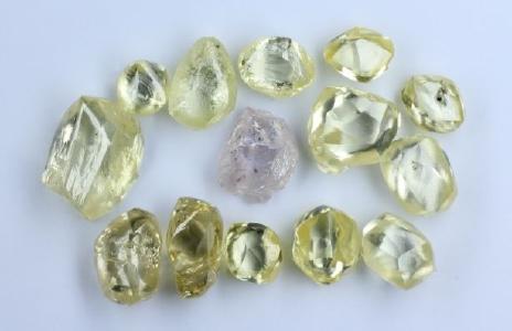 Yellow diamonds and the 3 carat pink recovered from the historic trial mining program at Mothae
