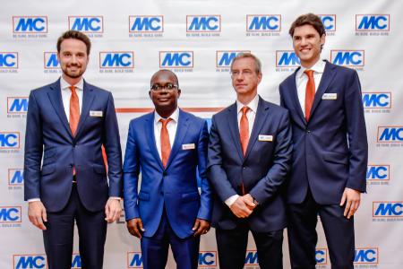 Gruppenbild der MC-Führungsriege beim Festakt der MC Ghana in Accra (v.l.n.r.): Nicolaus Müller, Geschäftsführer der MC-Bauchemie Müller GmbH & Co. KG, Noble Bediako, Geschäftsführer der MC-Bauchemie Ghana Ltd., Christoph Hemming, Regionalleiter Afrika der MC, und Moritz Koch, Business Development Manager Afrika bei MC.