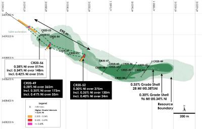 Abbildung 1 - Draufsicht auf Main Zone Nickelressource einschließlich neu abgegrenzter höhergradiger (>0,35 % Ni) Vererzung, Nickel-Kobaltsulfid-Projekt Crawford, Ontario