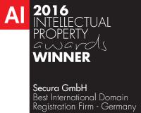 ICANN Registrar Secura GmbH erhielt 2016 diese Auszeichnung für Leistungen bei der Domainregistrierung für Markeninhaber