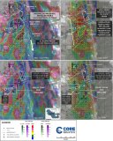 Abbildung 1: a) Cu+Mo (ppm) in Böden mit Cu (%) in Gestein über CVG-Magnetikdaten (berechneter vertikaler Gradient) (Geotech, 2021 VTEM); b) MPIx in Böden mit Cu (%) in Gestein über 1VD-Magnetikdaten (erste vertikale Ableitung) (1973); c) Mo (ppm) in Böden und Mo (ppm) in Gestein auf CVG-Magnetikdaten; d) Cu (ppm) in Böden und Cu (%) in Gestein auf 1VD-Magnetikdaten