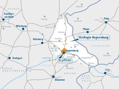 Grafik 1: Einzugsbereich und Firmenverteilung BioRegio Regenburg (© BioPark Regensburg GmbH, bauer.com)