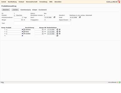 Screenshot Collmex Produktionsmodul