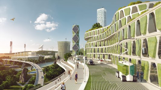 Die Stadt der Zukunft – Mikroorganismen produzieren Nahrungsmittel und Biokunststoffe an den Fassaden / Bild: xiox /w2v-rlp