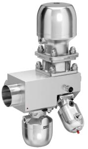 Multi-port valve block made from stainless steel with the control valve GEMÜ 567 BioStar control and diaphragm valves GEMÜ 650 BioStar for dosing from a sterile loop and distribution across several outlets
