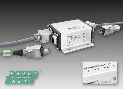 Weidmüller FreeCon Active PROFINET Medienkonverter: Konvertierung von RJ45- auf POF-Verkabelung – zugleich mit Diagnose der LWL-Strecke und Meldung bei notwendigem Austausch. Detail: Alarmmeldung via LEDs bei Toleranzüberschreitung