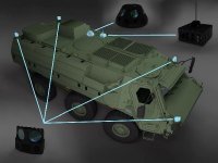 A Fuchs/Fox armoured vehicle equipped with an AGDUS passive vehicle system consisting of four sensor modules and central electronics